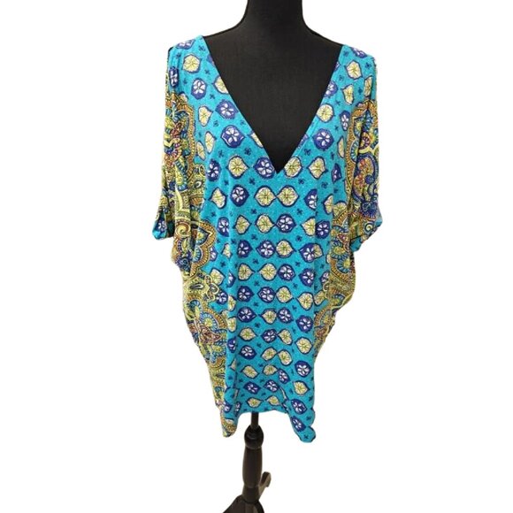 🩱🩱Trina Turk Corsica Turquoise Jersey Swimsuit Cover Up Tunic Caftan Dress M - Picture 1 of 6